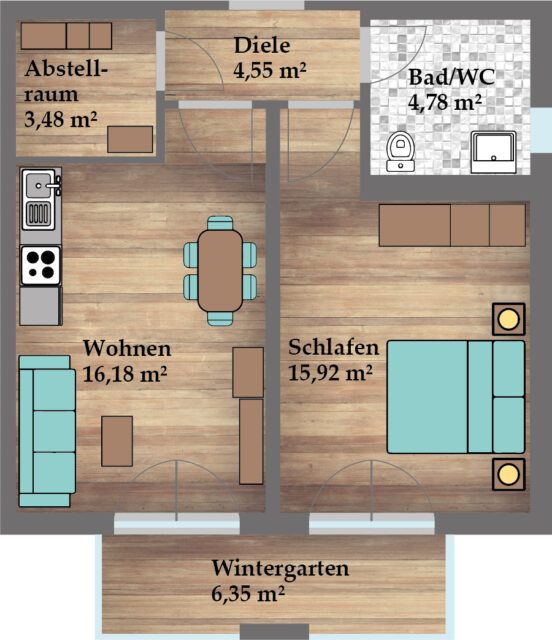 Wohnung 1 Mietwohnung, Wohnfläche 51,23 m², Erdgeschoss Neuwertig nach erfolgter Kernsanierung  Zentralheizung (Gashybrid-Heizung mit Wärmepumpe)