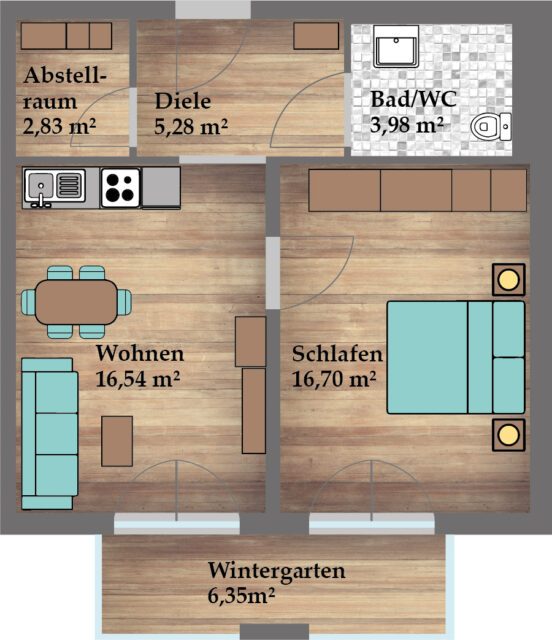 Wohnung 2 Mietwohnung, 51,92 m², Erdgeschoss Neuwertig nach erfolgter Kernsanierung Zentralheizung (Gashybrid-Heizung mit Wärmepumpe)