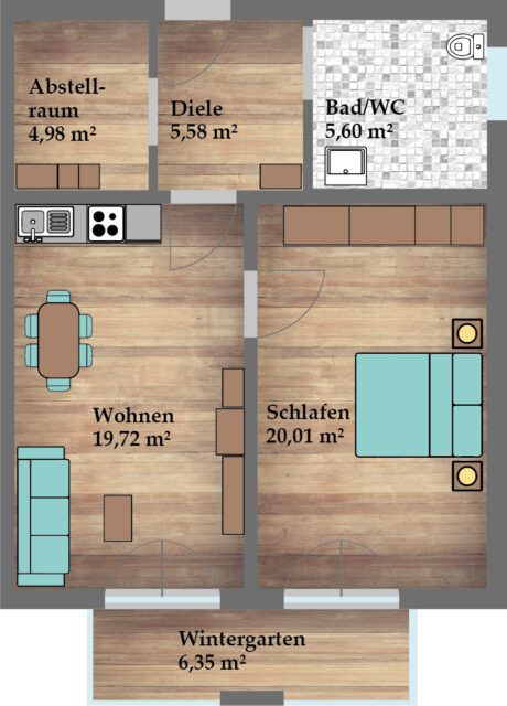 Wohnung 3 Mietwohnung, 62,18 m², Erdgeschoss Neuwertig nach erfolgter Kernsanierung Zentralheizung (Gashybrid-Heizung mit Wärmepumpe)