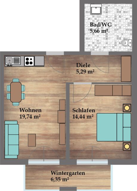 Wohnung 4 Mietwohnung, 51,42 m², Erdgeschoss Neuwertig nach erfolgter Kernsanierung Zentralheizung (Gashybrid-Heizung mit Wärmepumpe)