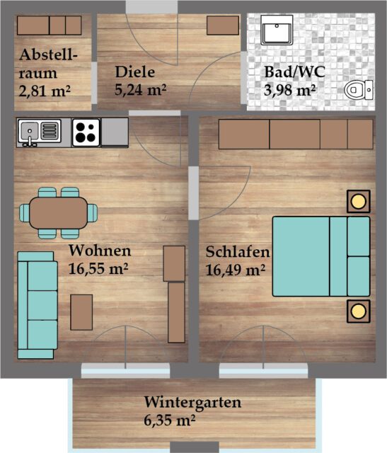 Wohnung 6 Mietwohnung, 51,27 m², Obergeschoss Neuwertig nach erfolgter Kernsanierung Zentralheizung (Gashybrid-Heizung mit Wärmepumpe)