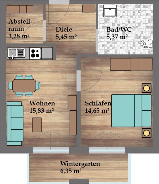 Wohnung 7 Mietwohnung, 50,95 m², Obergeschoss Neuwertig nach erfolgter Kernsanierung Zentralheizung (Gashybrid-Heizung mit Wärmepumpe)