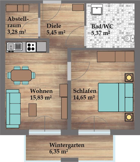 Wohnung 8 Mietwohnung, 50,94 m², Obergeschoss Neuwertig nach erfolgter Kernsanierung Zentralheizung (Gashybrid-Heizung mit Wärmepumpe)